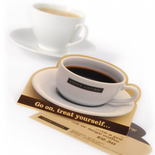 volantino sagomato a forma di tazzina da caffè